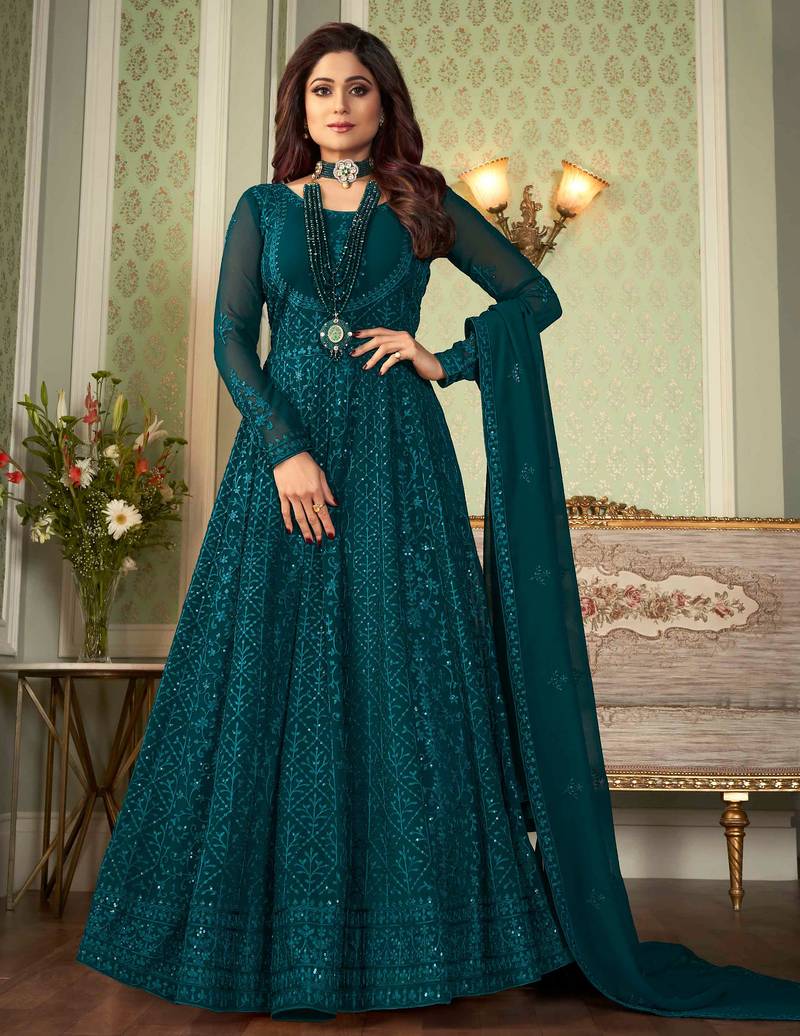 Pure georgette fabrics party wear in teal color with embroidery & sequance work
