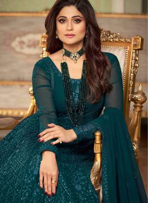 Pure georgette fabrics party wear in teal color with embroidery & sequance work 2