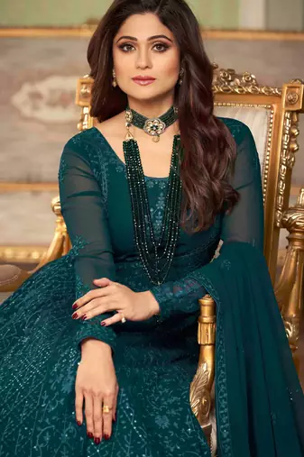 Pure georgette fabrics party wear in teal color with embroidery & sequance work