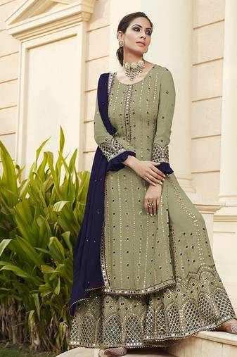 Pure georgette party wear sharara in pastel green color with embroidery work & mirror work