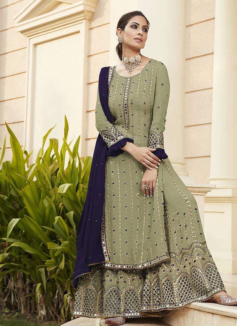 Pure georgette party wear sharara in pastel green color with embroidery work & mirror work