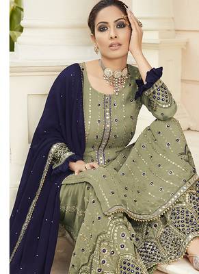 Pure georgette party wear sharara in pastel green color with embroidery work & mirror work 2