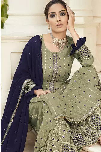 Pure georgette party wear sharara in pastel green color with embroidery work & mirror work