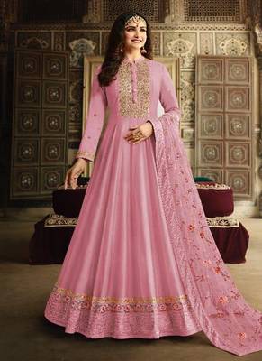 Dola silk party wear gown in pink color with embroidery work and stone work 1