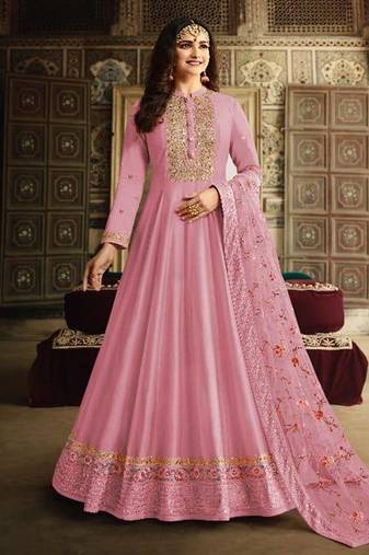 Dola silk party wear gown in pink color with embroidery work and stone work