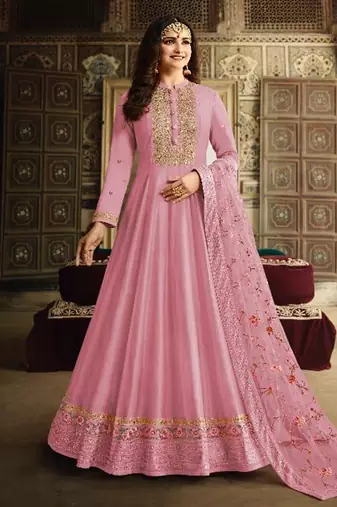 Dola silk party wear gown in pink color with embroidery work and stone work