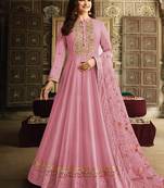 Dola silk party wear gown in pink color with embroidery work and stone work