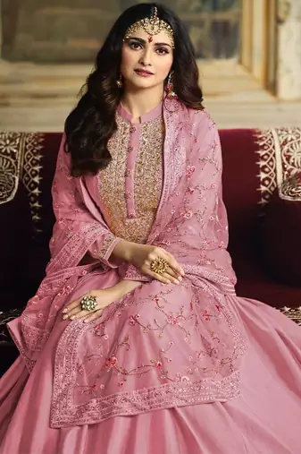 Dola silk party wear gown in pink color with embroidery work and stone work