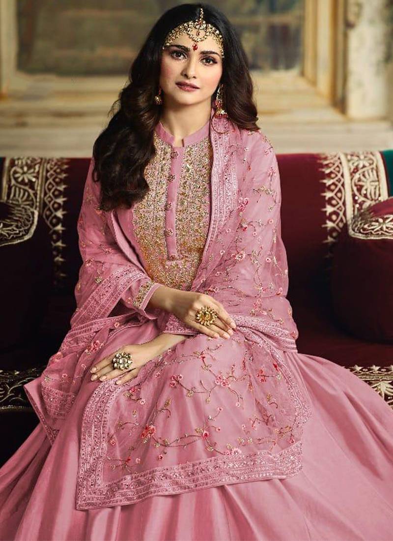 Dola silk party wear gown in pink color with embroidery work and stone work