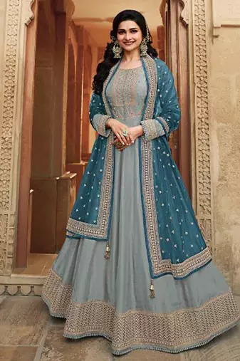 Dola silk party wear gown in grey color with embrodiery work and stone work