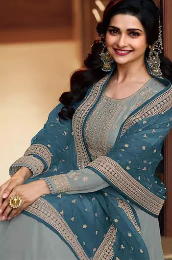 Dola silk party wear gown in grey color with embrodiery work and stone work