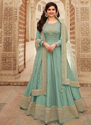 Dola silk party wear gown in sea green color with embrodiery work & stone work 1