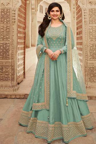 Dola silk party wear gown in sea green color with embrodiery work & stone work