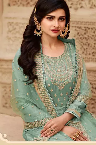Dola silk party wear gown in sea green color with embrodiery work & stone work