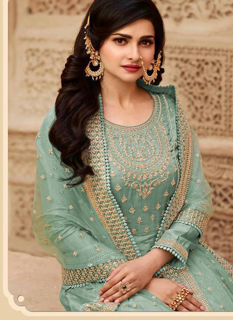 Dola silk party wear gown in sea green color with embrodiery work & stone work
