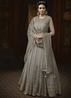 Soft butter net wedding wear gown in grey color with embrodiery & swarovski work 1