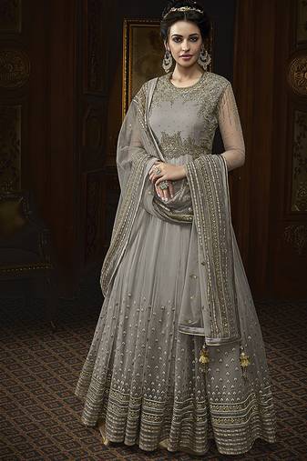 Soft butter net wedding wear gown in grey color with embrodiery & swarovski work