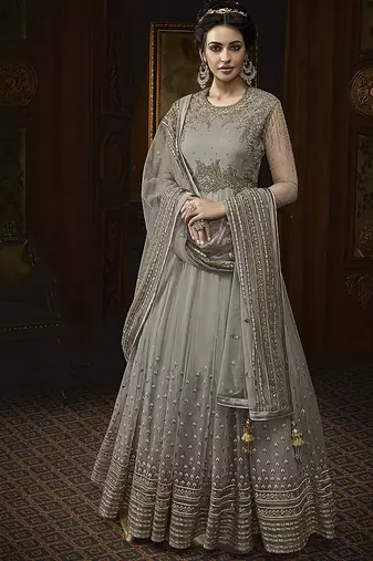 Soft butter net wedding wear gown in grey color with embrodiery & swarovski work