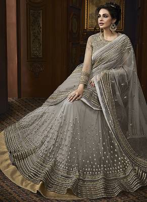 Soft butter net wedding wear gown in grey color with embrodiery & swarovski work 2
