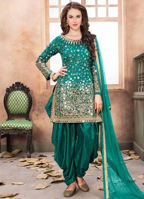Satin silk party wear salwar suit in turquoise color with embrodiery work,stone ,mirror work 1