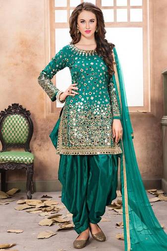 Satin silk party wear salwar suit in turquoise color with embrodiery work,stone ,mirror work