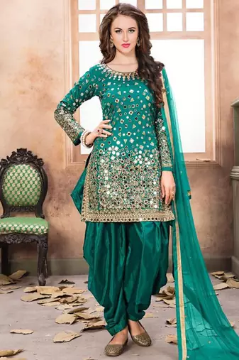 Satin silk party wear salwar suit in turquoise color with embrodiery work,stone ,mirror work