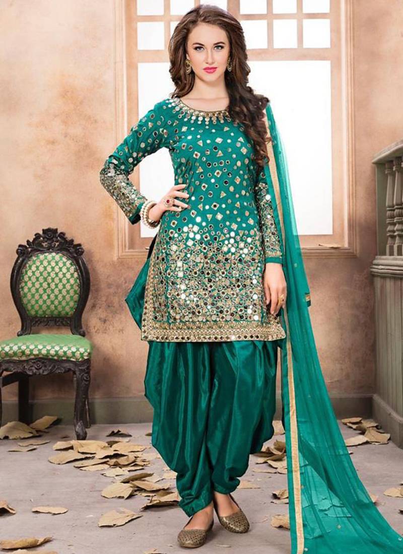 Satin silk party wear salwar suit in turquoise color with embrodiery work,stone ,mirror work