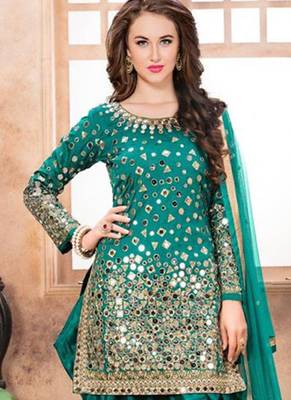 Satin silk party wear salwar suit in turquoise color with embrodiery work,stone ,mirror work 2