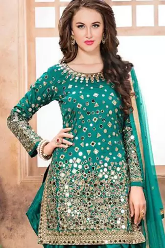 Satin silk party wear salwar suit in turquoise color with embrodiery work,stone ,mirror work