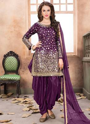 Satin silk party wear salwar suit in purple color with embrodiery work,stone ,mirror work 1