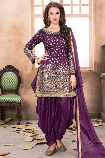 Satin silk party wear salwar suit in purple color with embrodiery work,stone ,mirror work