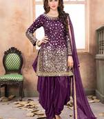 Satin silk party wear salwar suit in purple color with embrodiery work,stone ,mirror work