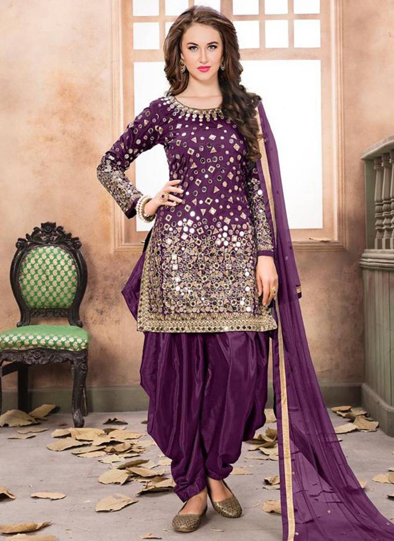 Satin silk party wear salwar suit in purple color with embrodiery work,stone ,mirror work