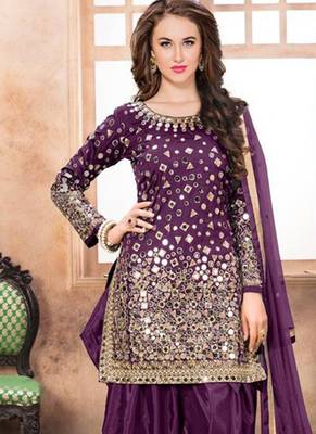 Satin silk party wear salwar suit in purple color with embrodiery work,stone ,mirror work 2