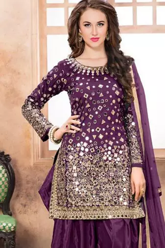 Satin silk party wear salwar suit in purple color with embrodiery work,stone ,mirror work