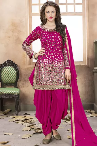 Satin silk party wear salwar suit in pink color with embrodiery work,stone ,mirror work