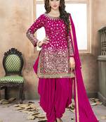 Satin silk party wear salwar suit in pink color with embrodiery work,stone ,mirror work