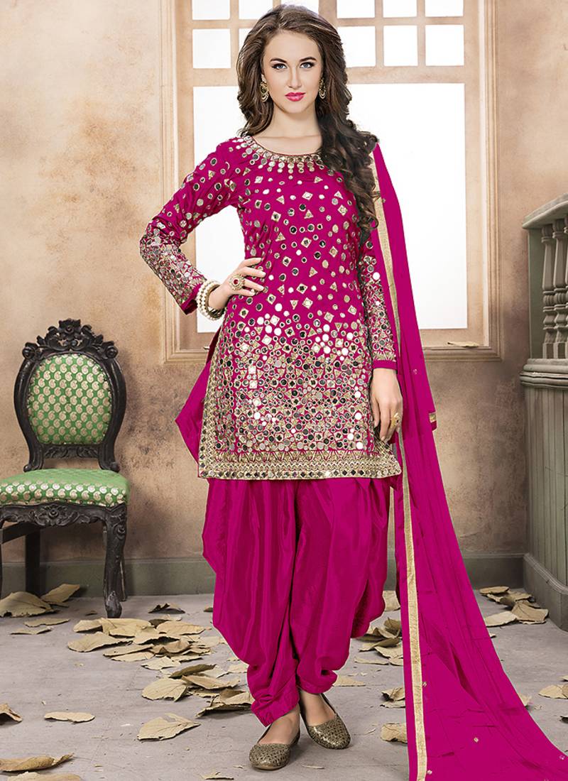 Satin silk party wear salwar suit in pink color with embrodiery work,stone ,mirror work