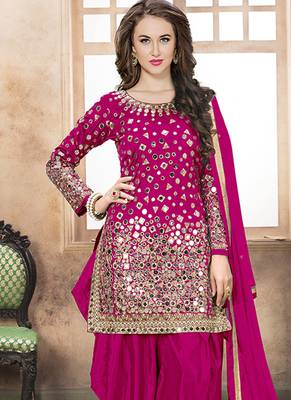 Satin silk party wear salwar suit in pink color with embrodiery work,stone ,mirror work 2