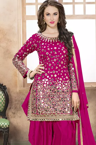 Satin silk party wear salwar suit in pink color with embrodiery work,stone ,mirror work