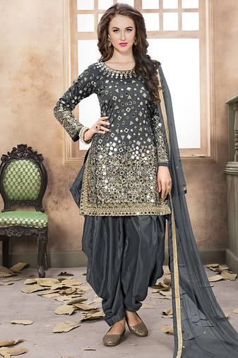 Satin silk party wear salwar suit in grey color with embrodiery work,stone ,mirror work