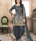Satin silk party wear salwar suit in grey color with embrodiery work,stone ,mirror work