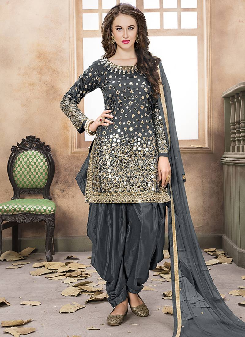 Satin silk party wear salwar suit in grey color with embrodiery work,stone ,mirror work
