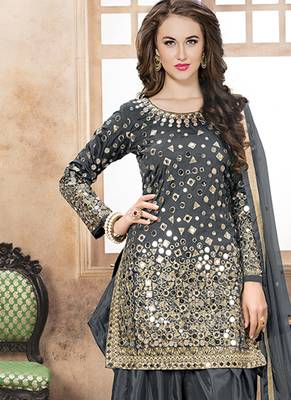 Satin silk party wear salwar suit in grey color with embrodiery work,stone ,mirror work 2