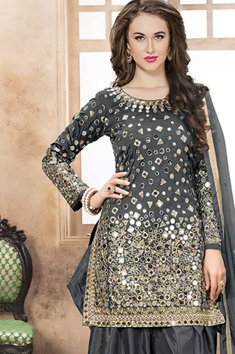 Satin silk party wear salwar suit in grey color with embrodiery work,stone ,mirror work