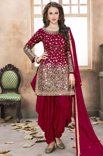 Satin silk party wear salwar suit in red color with embrodiery work,stone ,mirror work