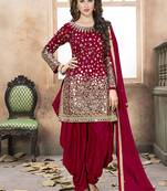 Satin silk party wear salwar suit in red color with embrodiery work,stone ,mirror work