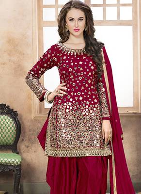 Satin silk party wear salwar suit in red color with embrodiery work,stone ,mirror work 2