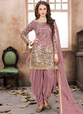 Satin silk party wear salwar suit in light pink color with embrodiery work,stone ,mirror work 1