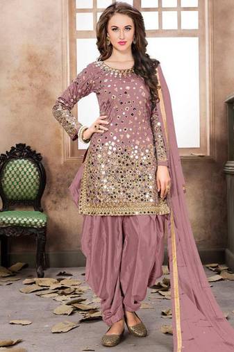 Satin silk party wear salwar suit in light pink color with embrodiery work,stone ,mirror work